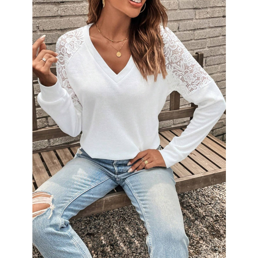 Lace Detail V-Neck Long Sleeve Top Apparel and Accessories