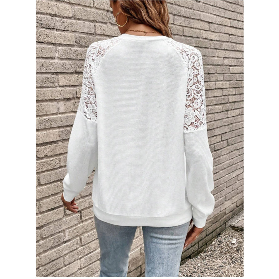 Lace Detail V-Neck Long Sleeve Top White / S Apparel and Accessories