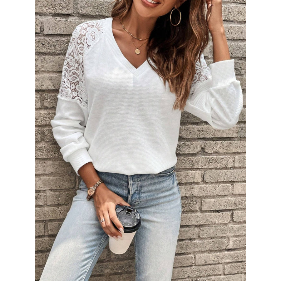 Lace Detail V-Neck Long Sleeve Top Apparel and Accessories