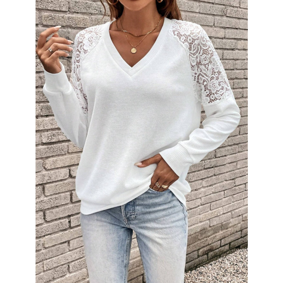 Lace Detail V-Neck Long Sleeve Top White / S Apparel and Accessories