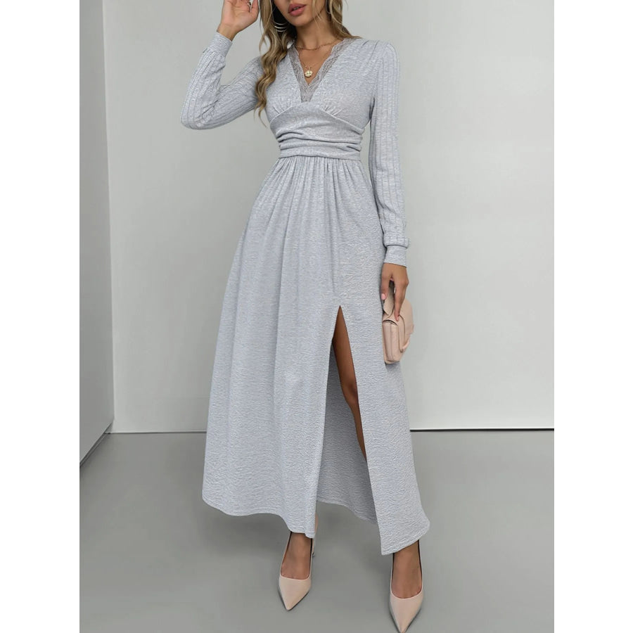 Lace Detail V-Neck Maxi Dress with Side Slit Light Gray / S Apparel and Accessories