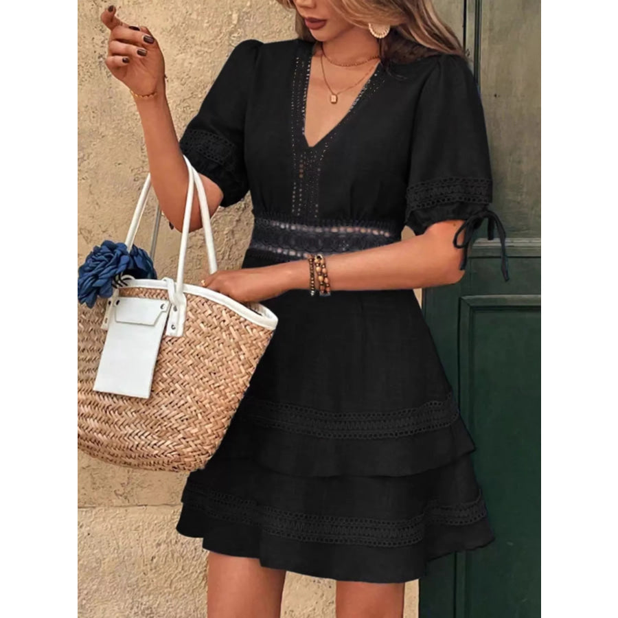 Lace Detail V-Neck Mini Dress Black / S Apparel and Accessories