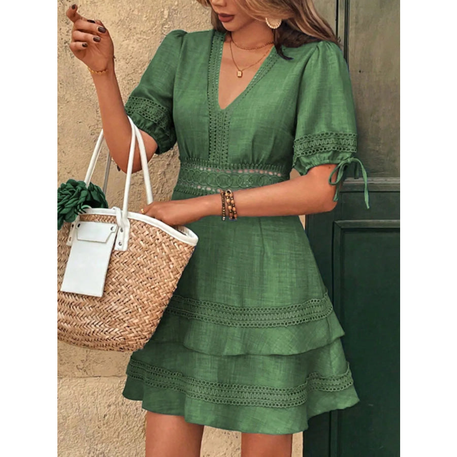Lace Detail V-Neck Mini Dress Green / S Apparel and Accessories