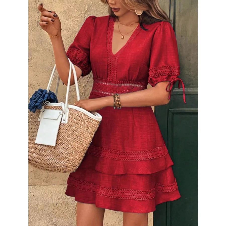Lace Detail V-Neck Mini Dress Red / S Apparel and Accessories