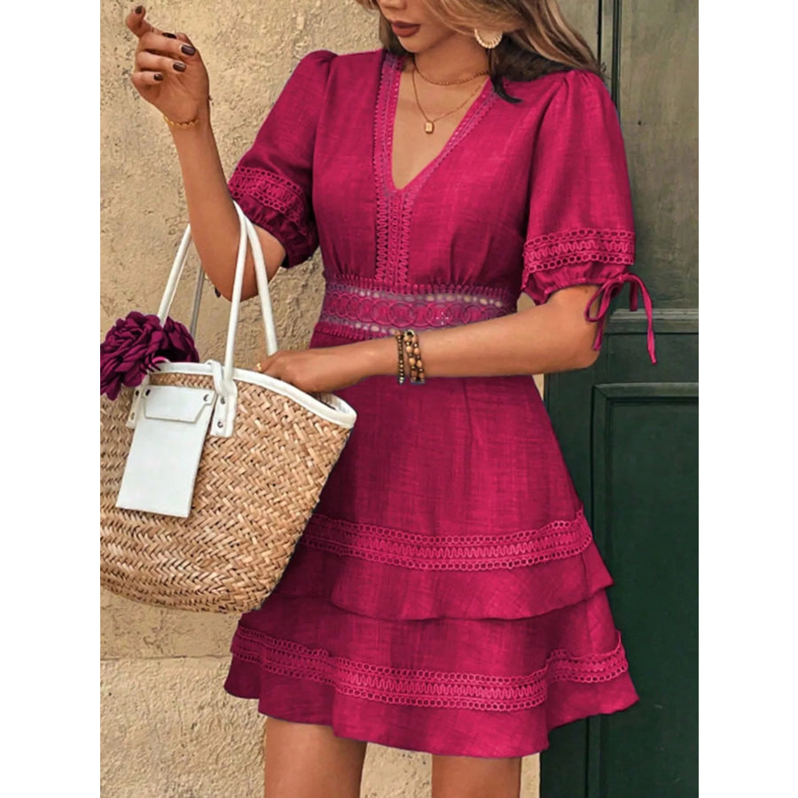 Lace Detail V-Neck Mini Dress Rose Red / S Apparel and Accessories