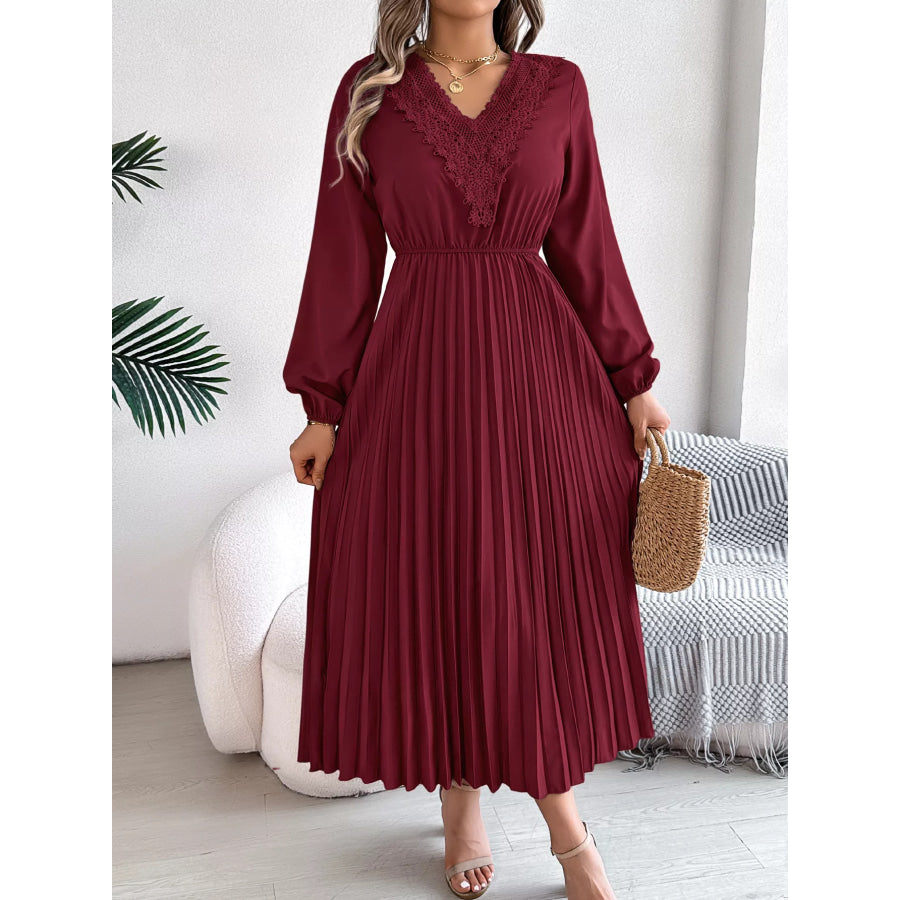 Lace Detail V-Neck Pleated Dress Apparel and Accessories