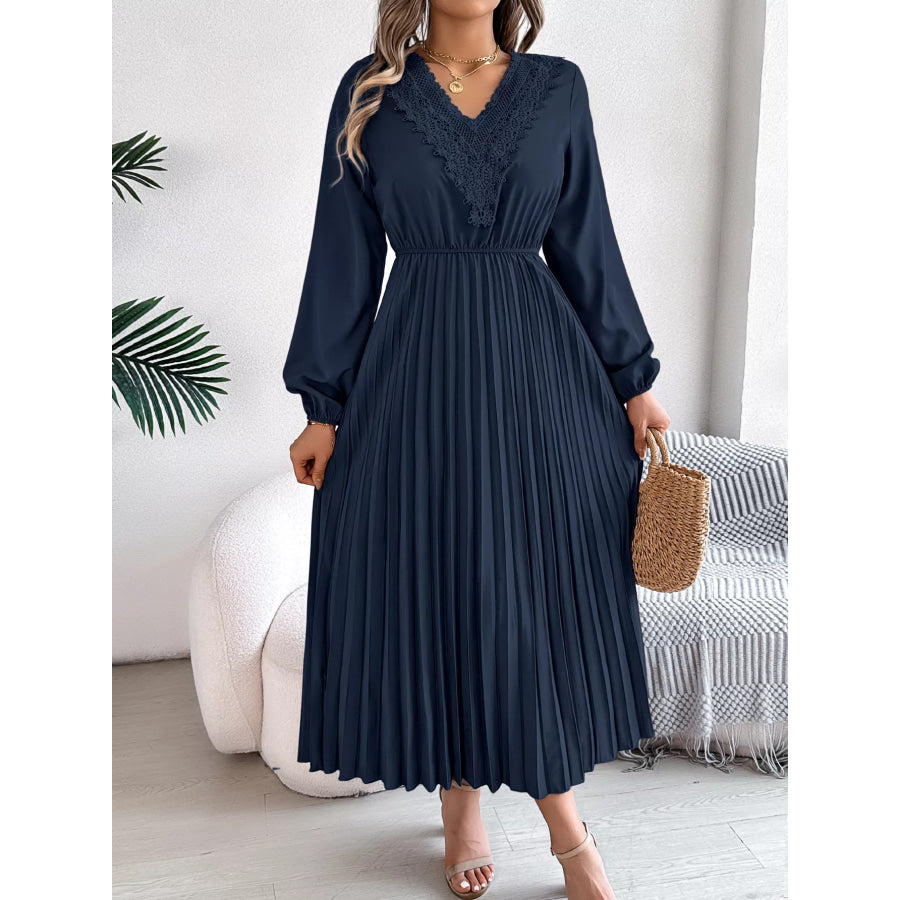 Lace Detail V-Neck Pleated Dress Apparel and Accessories