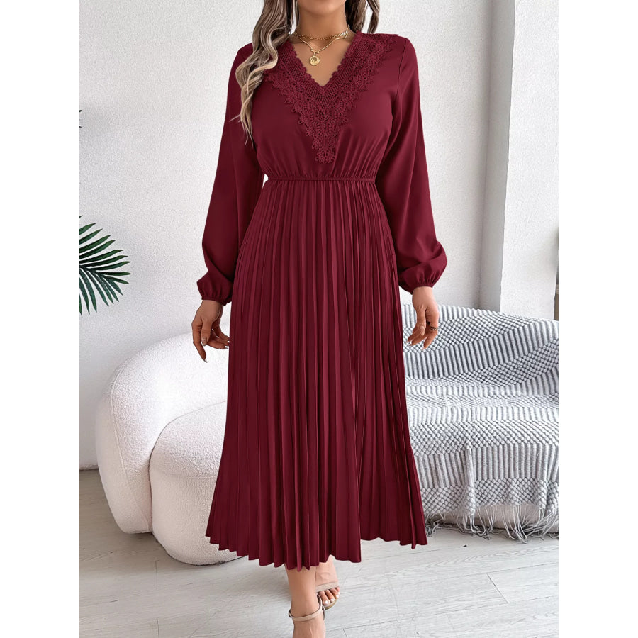 Lace Detail V-Neck Pleated Dress Apparel and Accessories