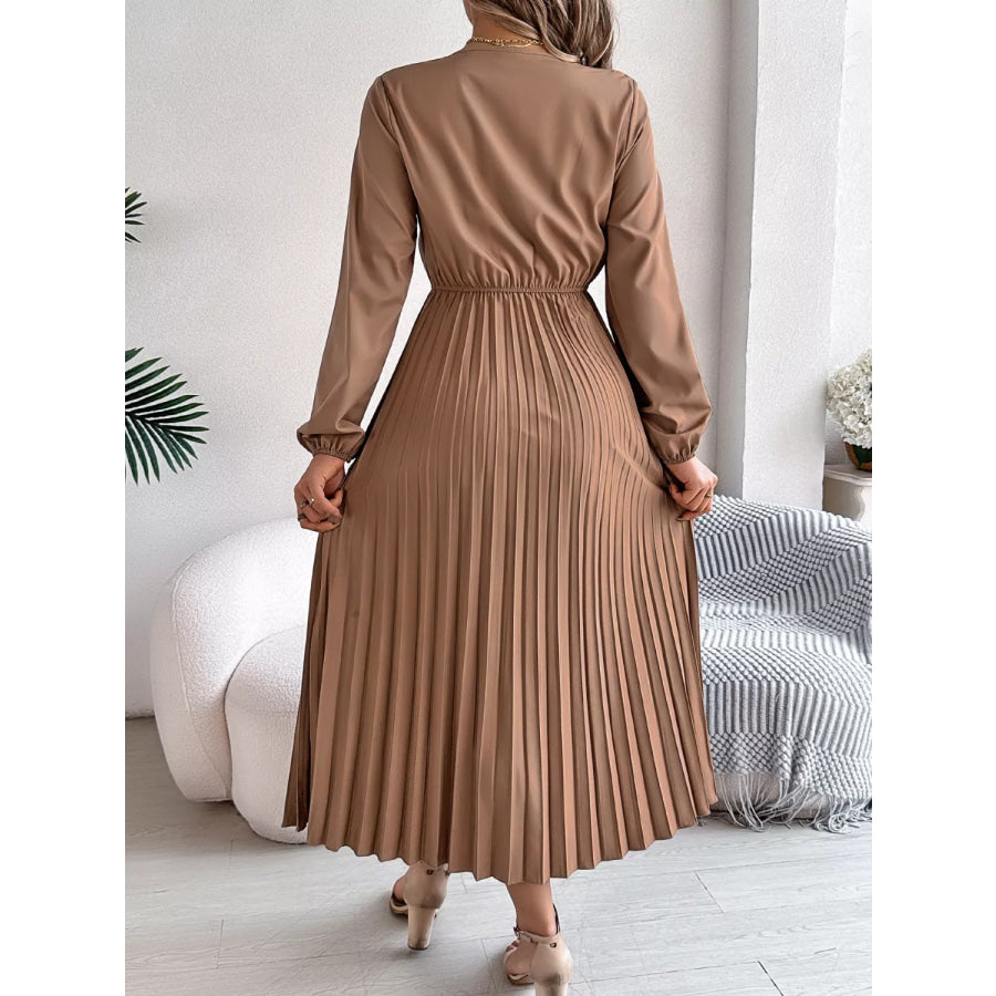 Lace Detail V-Neck Pleated Dress Apparel and Accessories