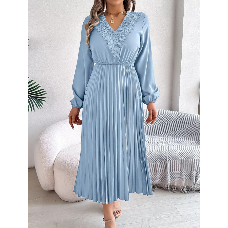 Lace Detail V-Neck Pleated Dress Apparel and Accessories