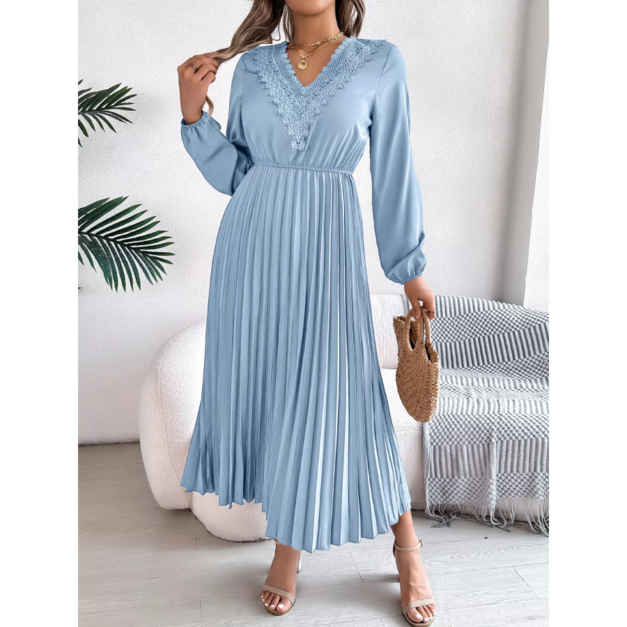 Lace Detail V-Neck Pleated Dress Apparel and Accessories