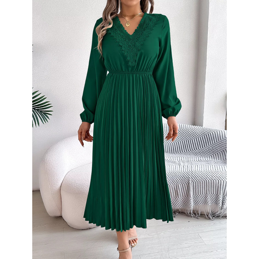 Lace Detail V-Neck Pleated Dress Apparel and Accessories