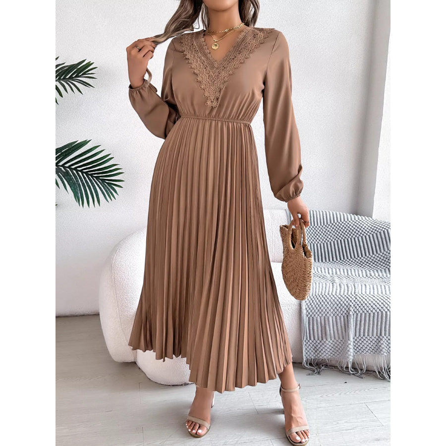 Lace Detail V-Neck Pleated Dress Apparel and Accessories