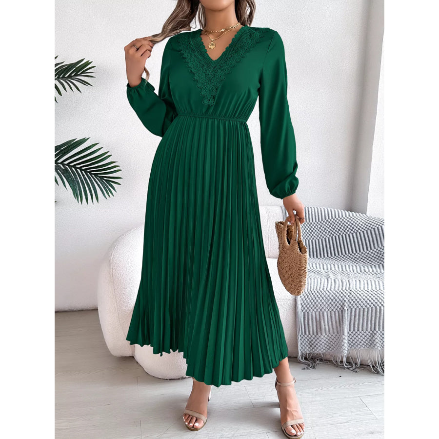 Lace Detail V-Neck Pleated Dress Apparel and Accessories