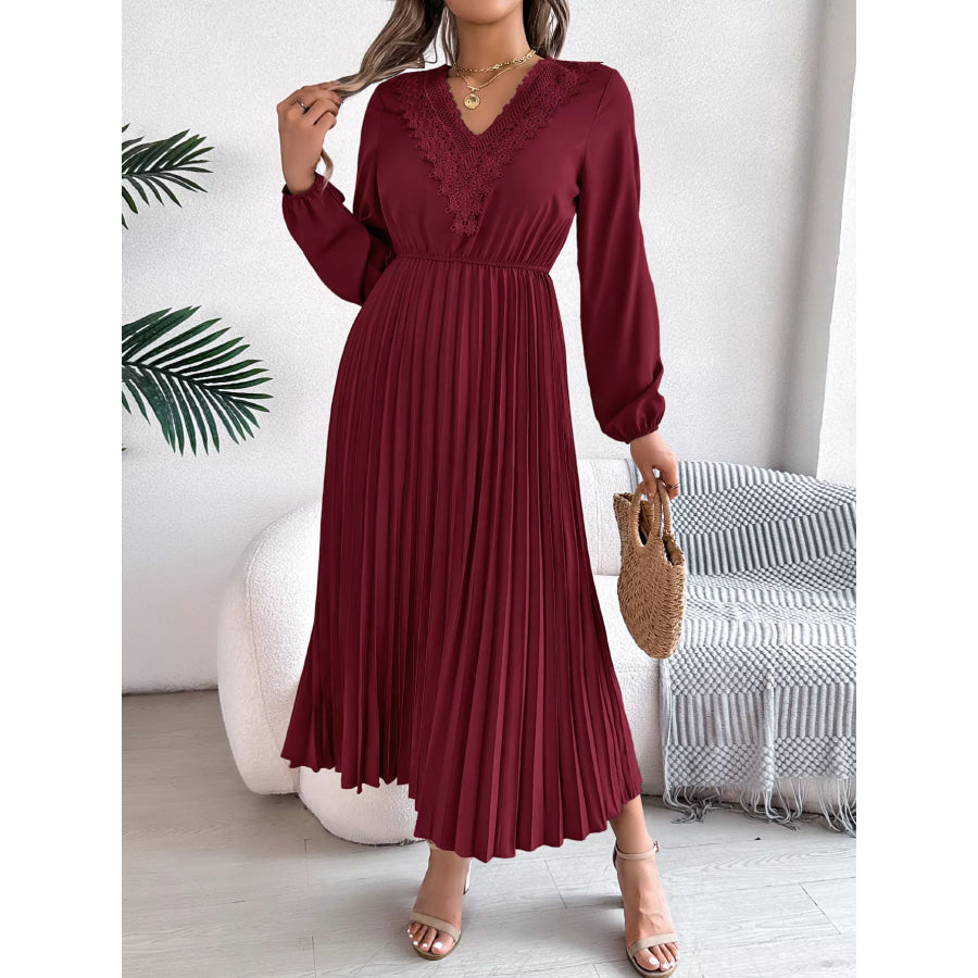 Lace Detail V-Neck Pleated Dress Apparel and Accessories