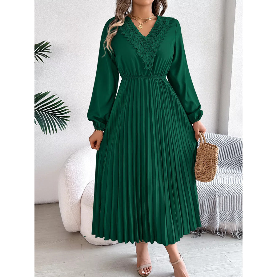 Lace Detail V-Neck Pleated Dress Apparel and Accessories