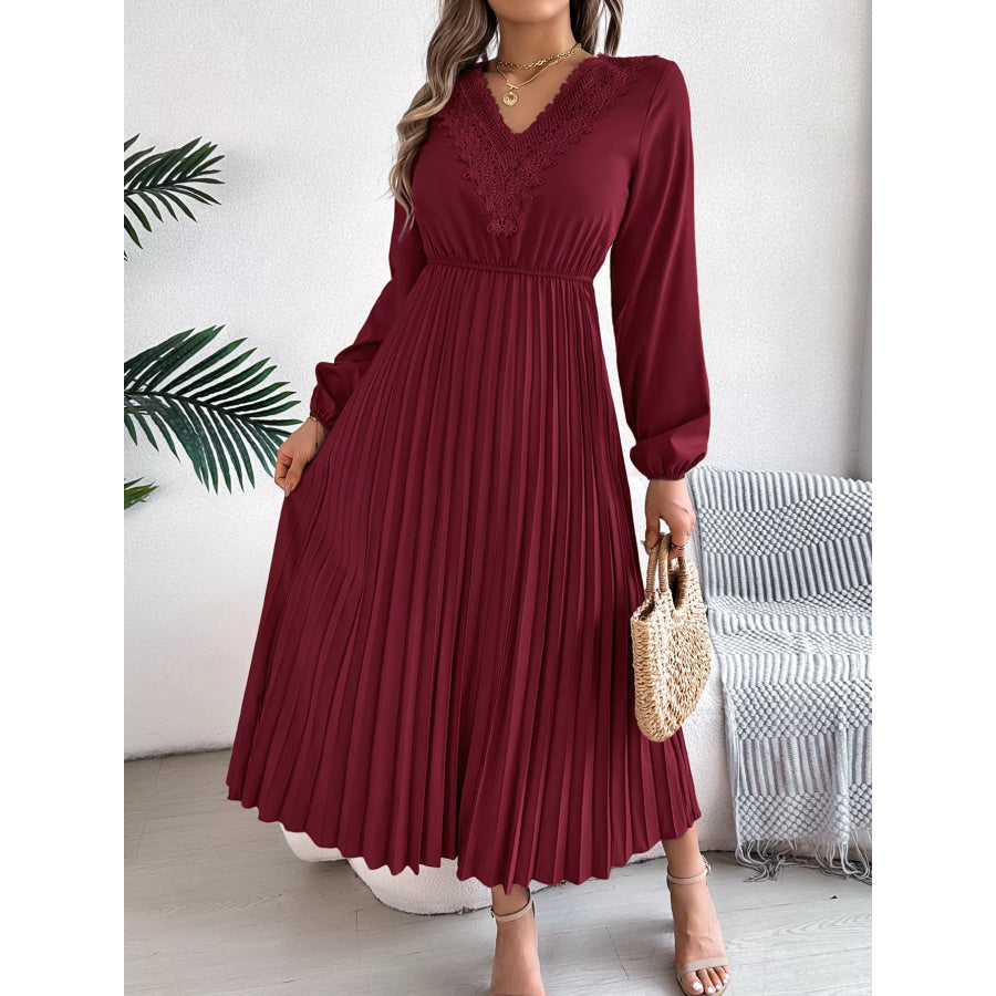 Lace Detail V-Neck Pleated Dress Apparel and Accessories