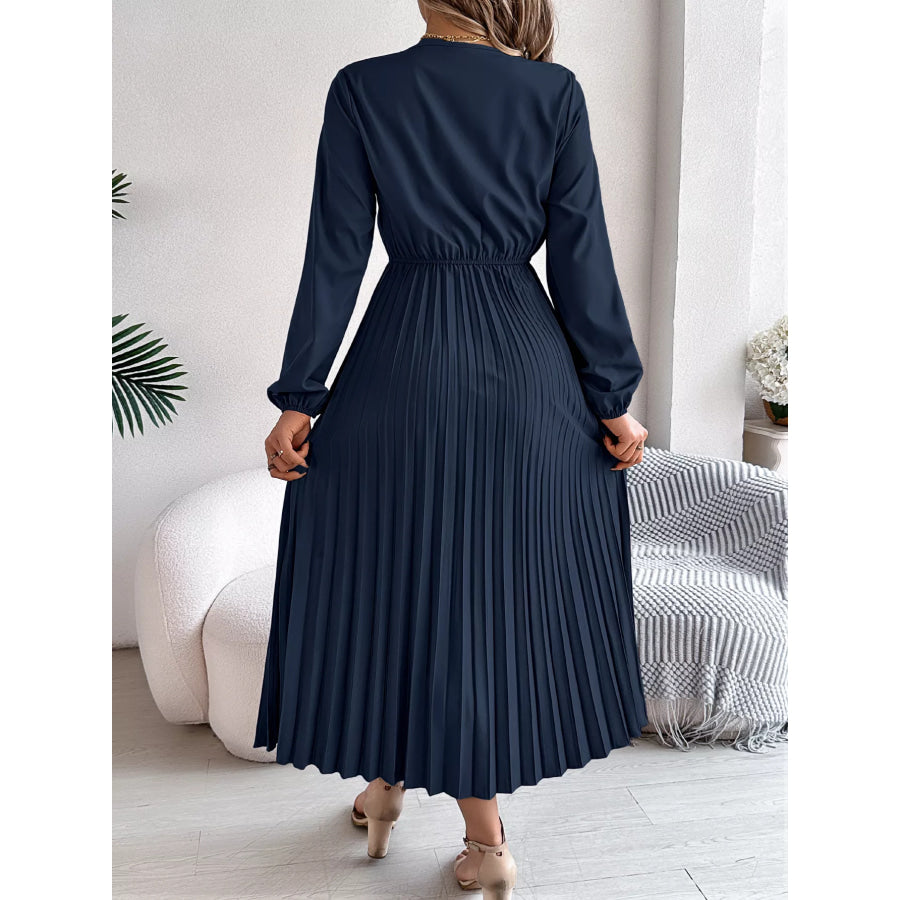 Lace Detail V-Neck Pleated Dress Apparel and Accessories