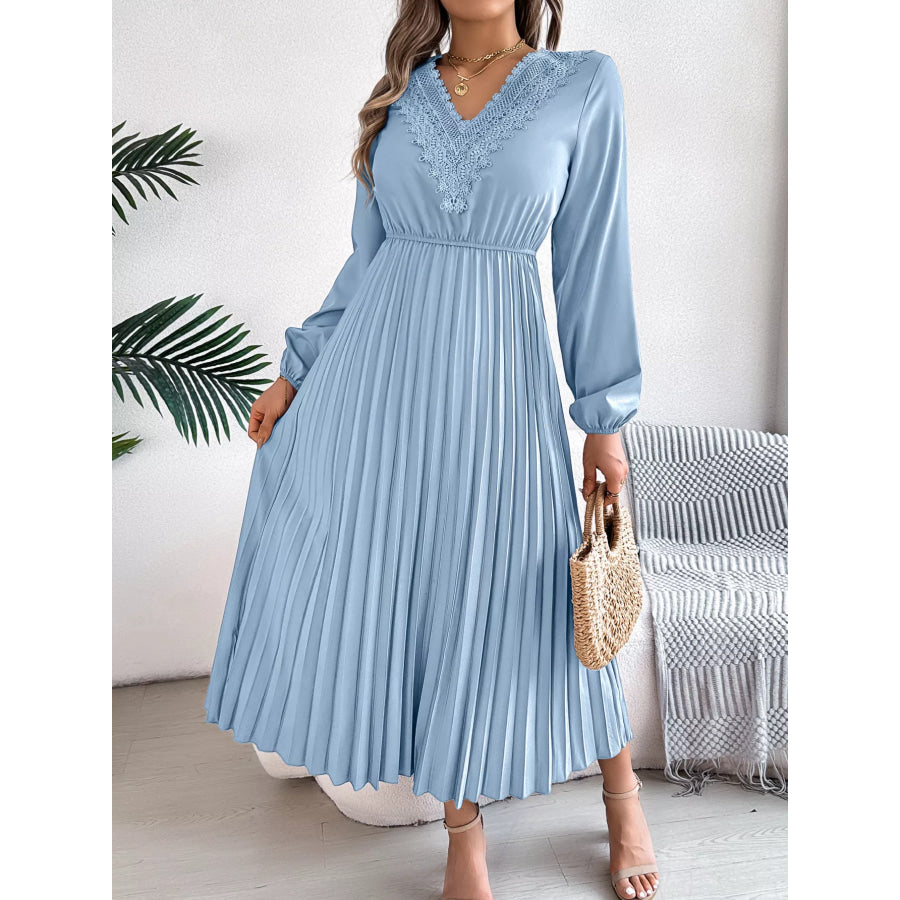Lace Detail V-Neck Pleated Dress Apparel and Accessories
