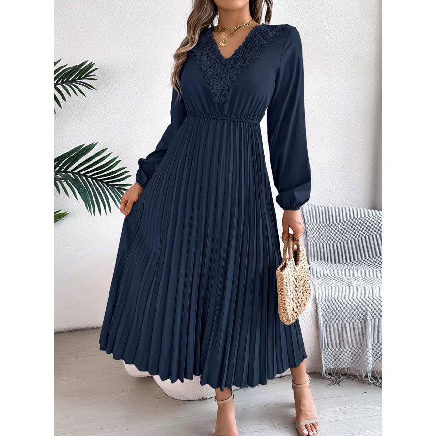 Lace Detail V-Neck Pleated Dress Apparel and Accessories
