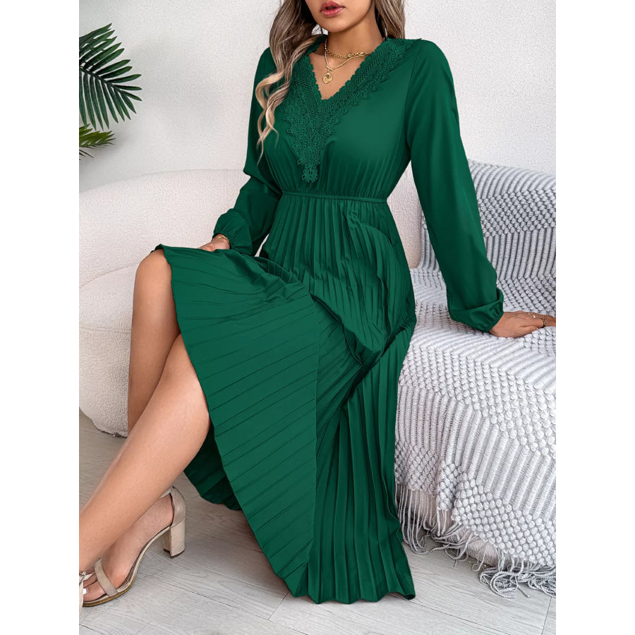 Lace Detail V-Neck Pleated Dress Apparel and Accessories