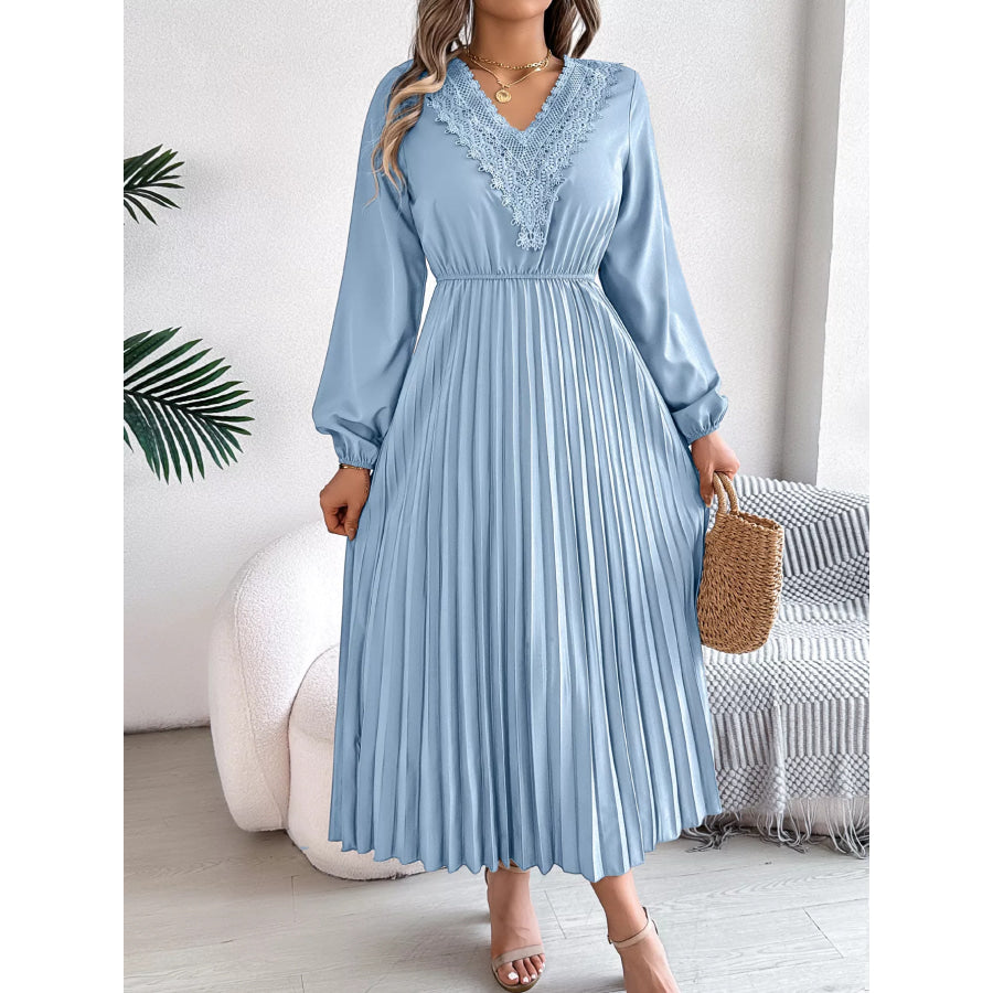 Lace Detail V-Neck Pleated Dress Apparel and Accessories
