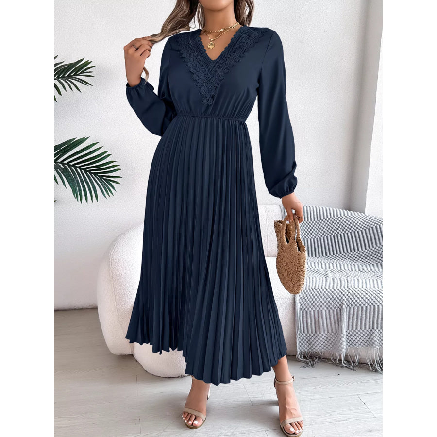 Lace Detail V-Neck Pleated Dress Dark Blue / S Apparel and Accessories