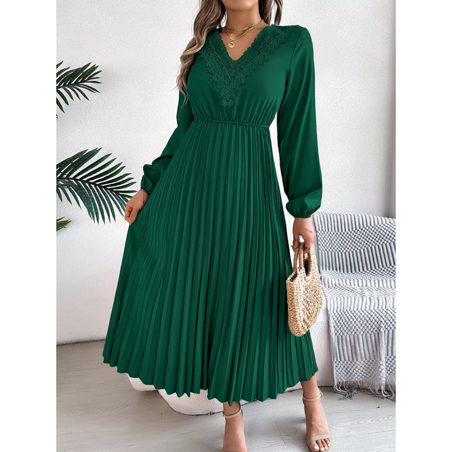 Lace Detail V-Neck Pleated Dress Dark Green / S Apparel and Accessories