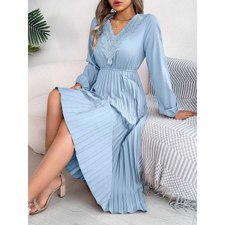 Lace Detail V-Neck Pleated Dress Light Blue / S Apparel and Accessories