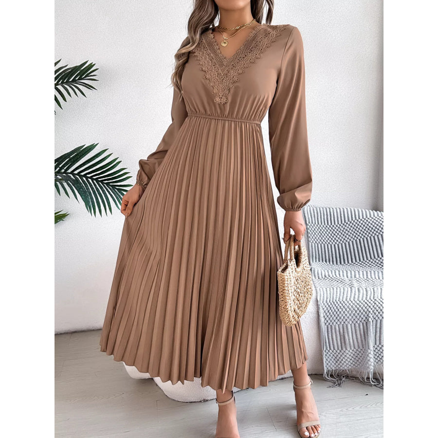 Lace Detail V-Neck Pleated Dress Tan / S Apparel and Accessories