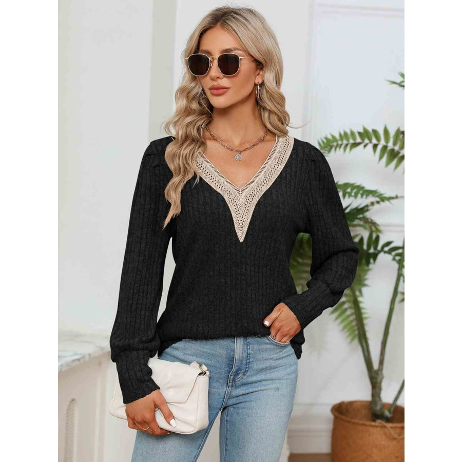 Lace Detail V-Neck Ribbed Blouse Black / S