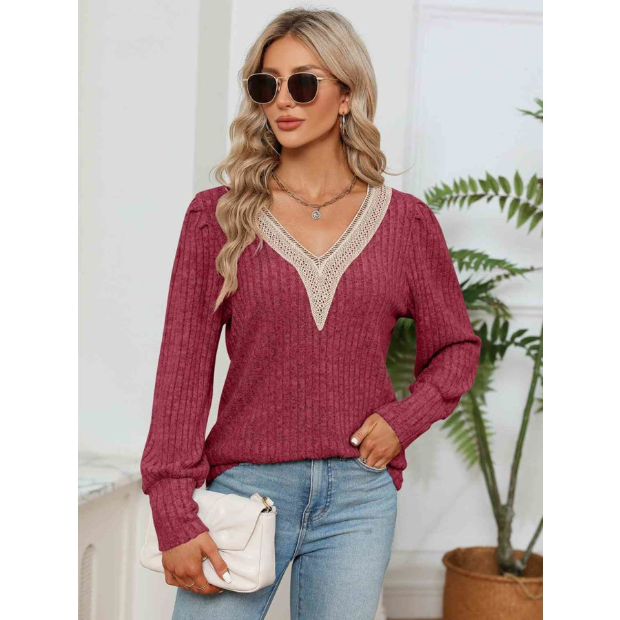 Lace Detail V-Neck Ribbed Blouse Brick Red / S