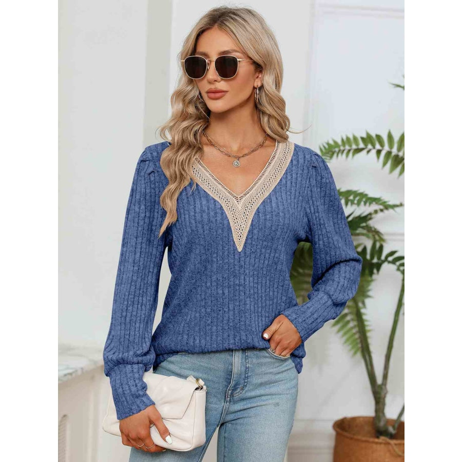 Lace Detail V-Neck Ribbed Blouse Cobalt Blue / S