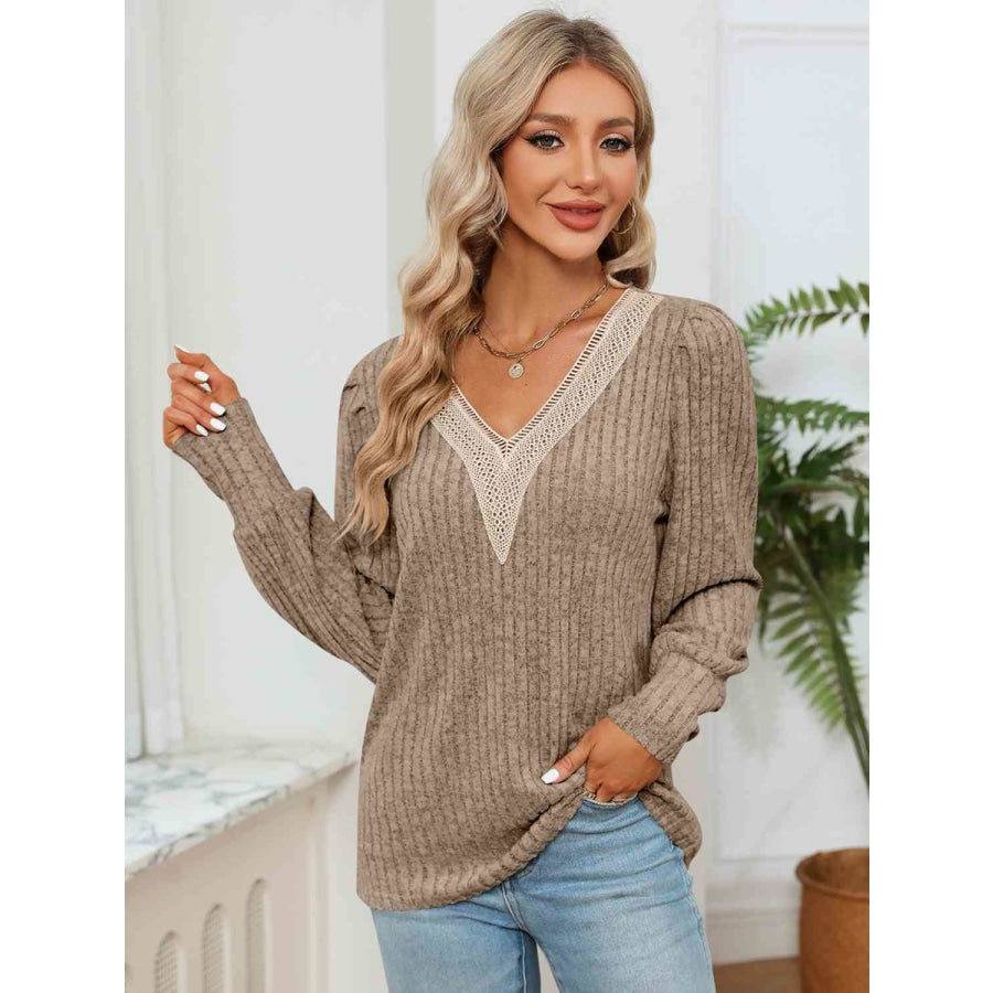 Lace Detail V-Neck Ribbed Blouse Khaki / S