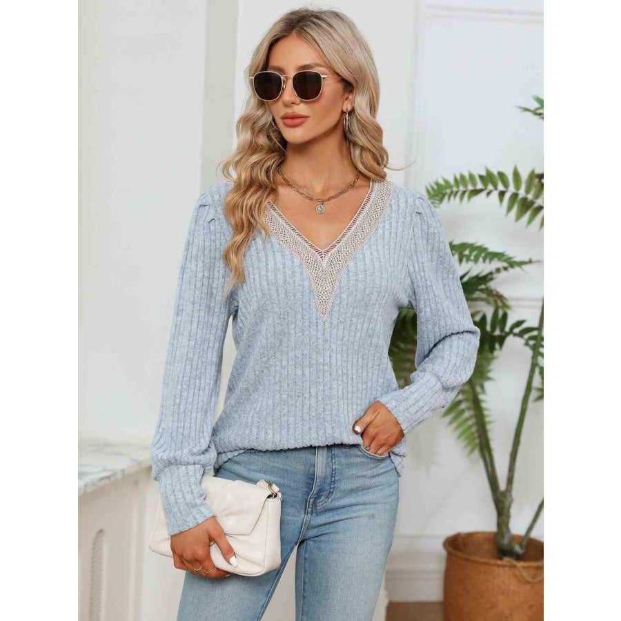 Lace Detail V-Neck Ribbed Blouse Misty Blue / S