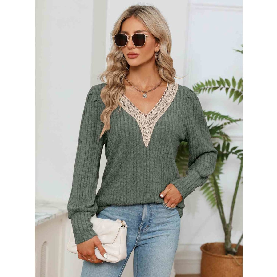 Lace Detail V-Neck Ribbed Blouse Moss / S