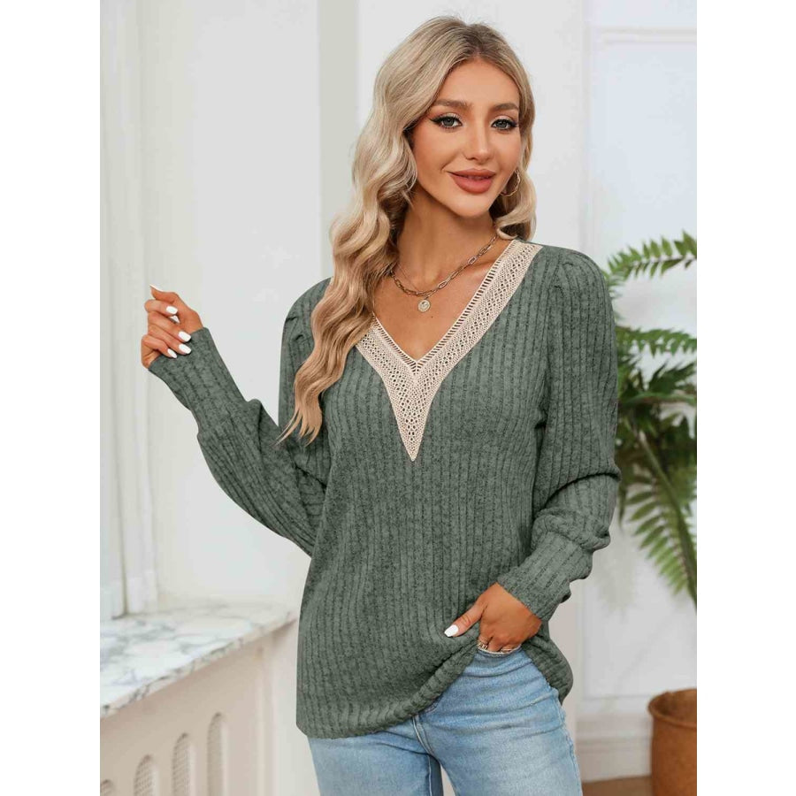 Lace Detail V-Neck Ribbed Blouse