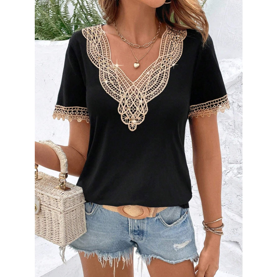 Lace Detail V-Neck Short Sleeve Blouse Apparel and Accessories