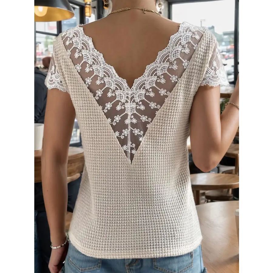 Lace Detail V-Neck Short Sleeve Blouse Apparel and Accessories