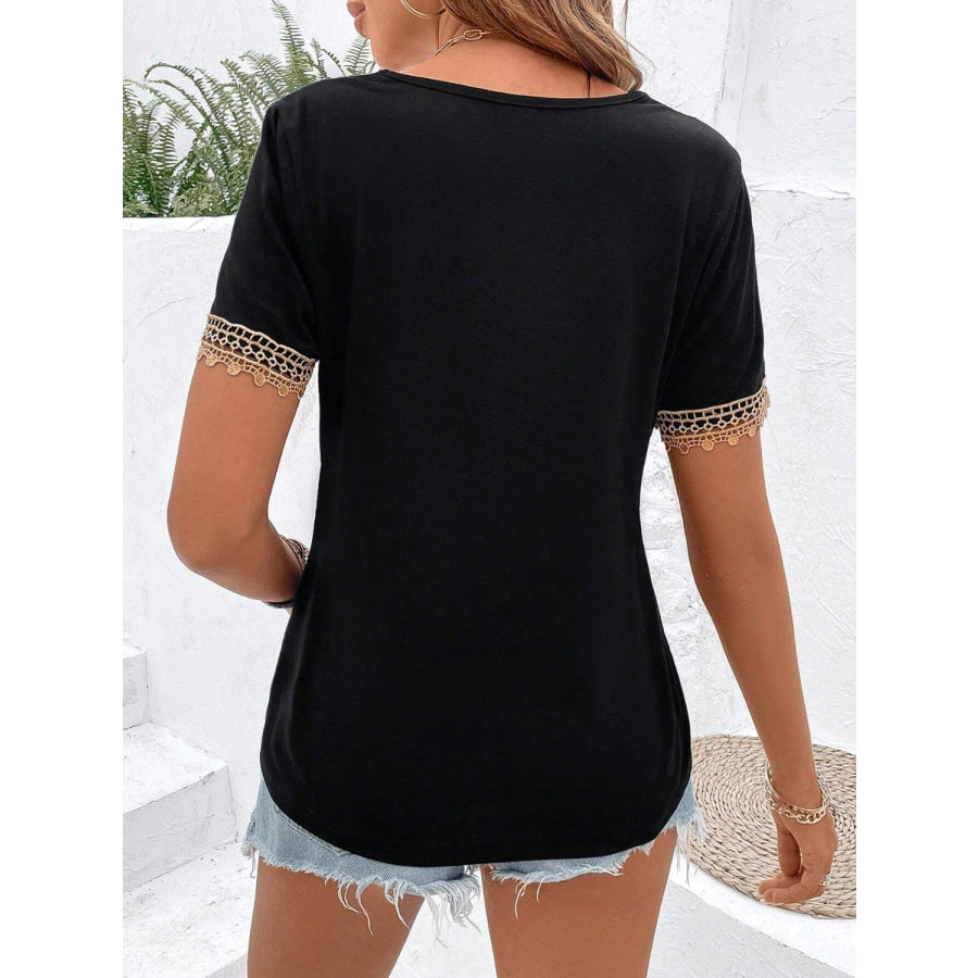 Lace Detail V-Neck Short Sleeve Blouse Apparel and Accessories