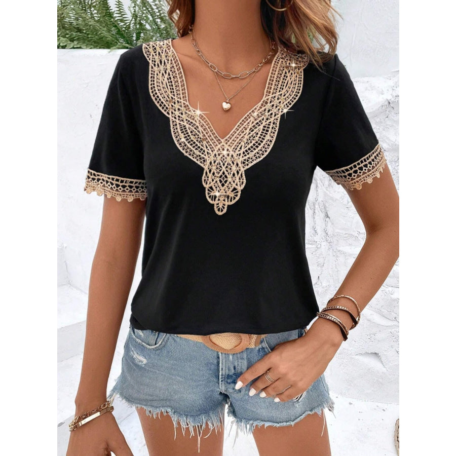 Lace Detail V-Neck Short Sleeve Blouse Black / S Apparel and Accessories