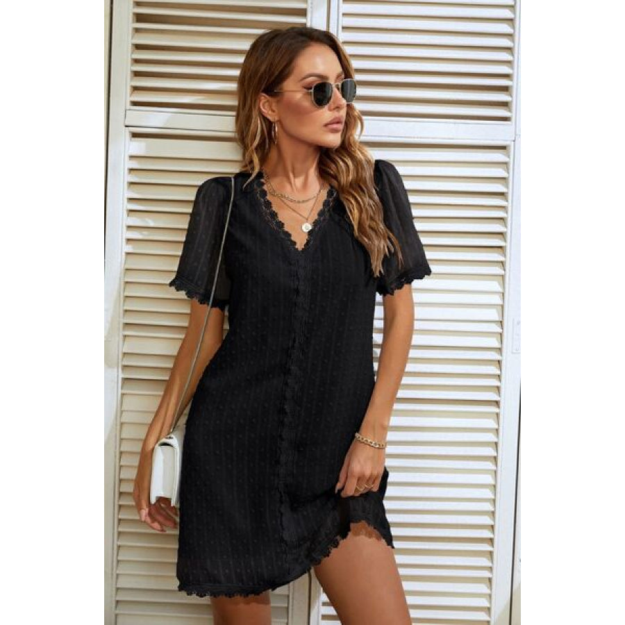 Lace Detail V - Neck Short Sleeve Dress Apparel and Accessories