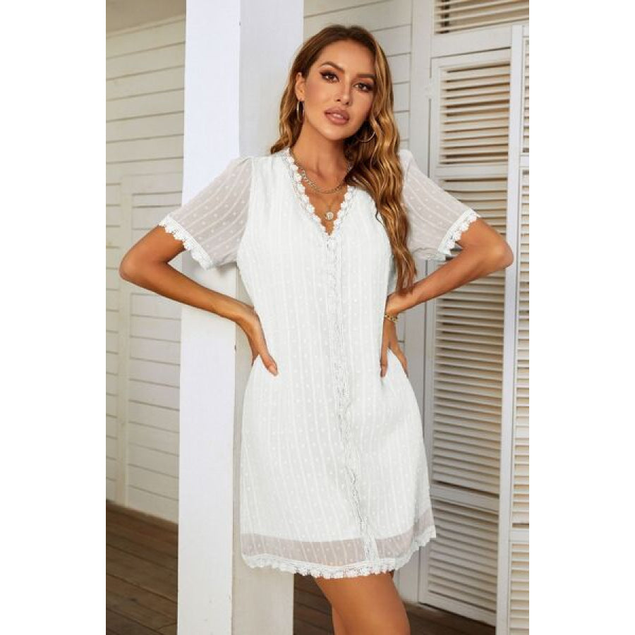 Lace Detail V - Neck Short Sleeve Dress White / S Apparel and Accessories