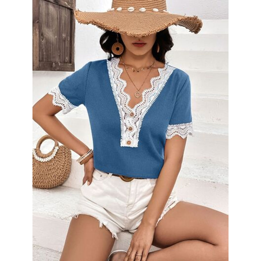 Lace Detail V - Neck Short Sleeve T - Shirt Apparel and Accessories
