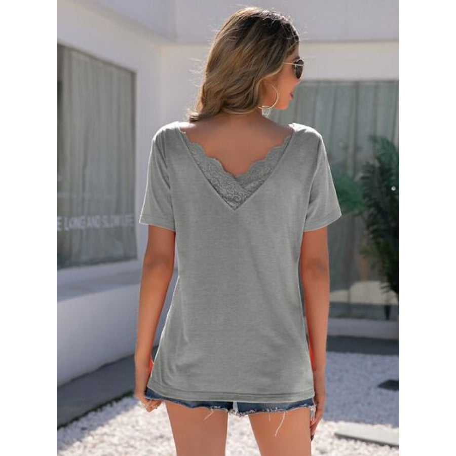 Lace Detail V - Neck Short Sleeve T - Shirt Apparel and Accessories