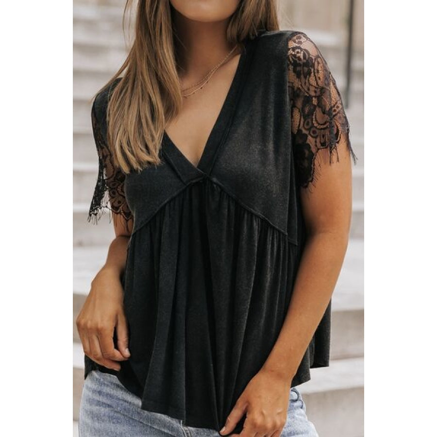 Lace Detail V-Neck Short Sleeve T-Shirt Black / S Clothing