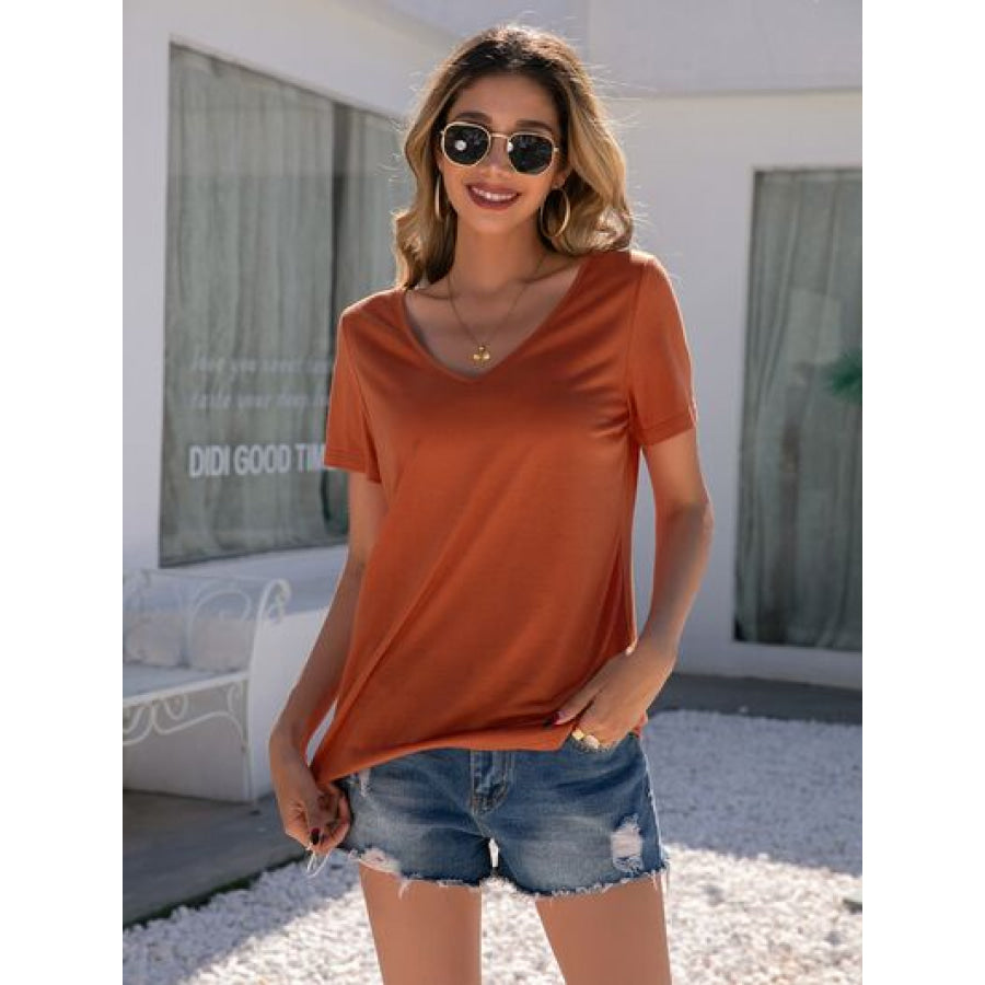 Lace Detail V - Neck Short Sleeve T - Shirt Brick Red / S Apparel and Accessories