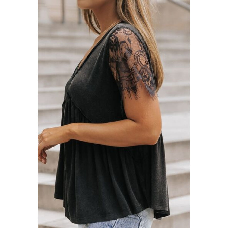 Lace Detail V-Neck Short Sleeve T-Shirt Clothing