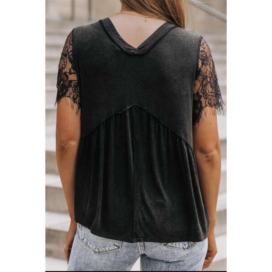 Lace Detail V-Neck Short Sleeve T-Shirt Clothing