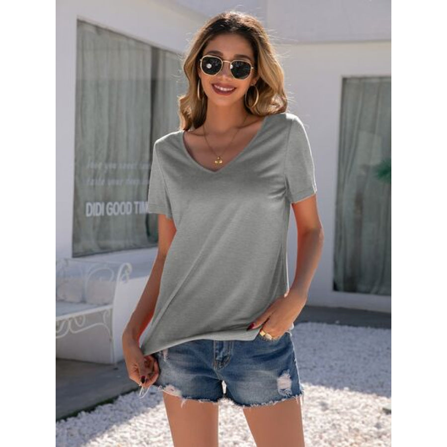 Lace Detail V - Neck Short Sleeve T - Shirt Heather Gray / S Apparel and Accessories